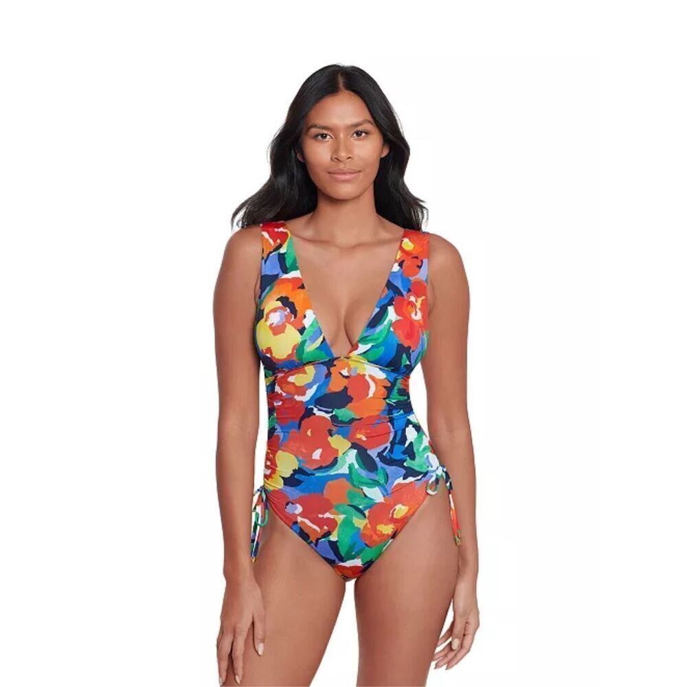 Lauren Ralph Lauren NWT Shirred Plunge- Neck One-Piece Swimsuit - Bold Abstract